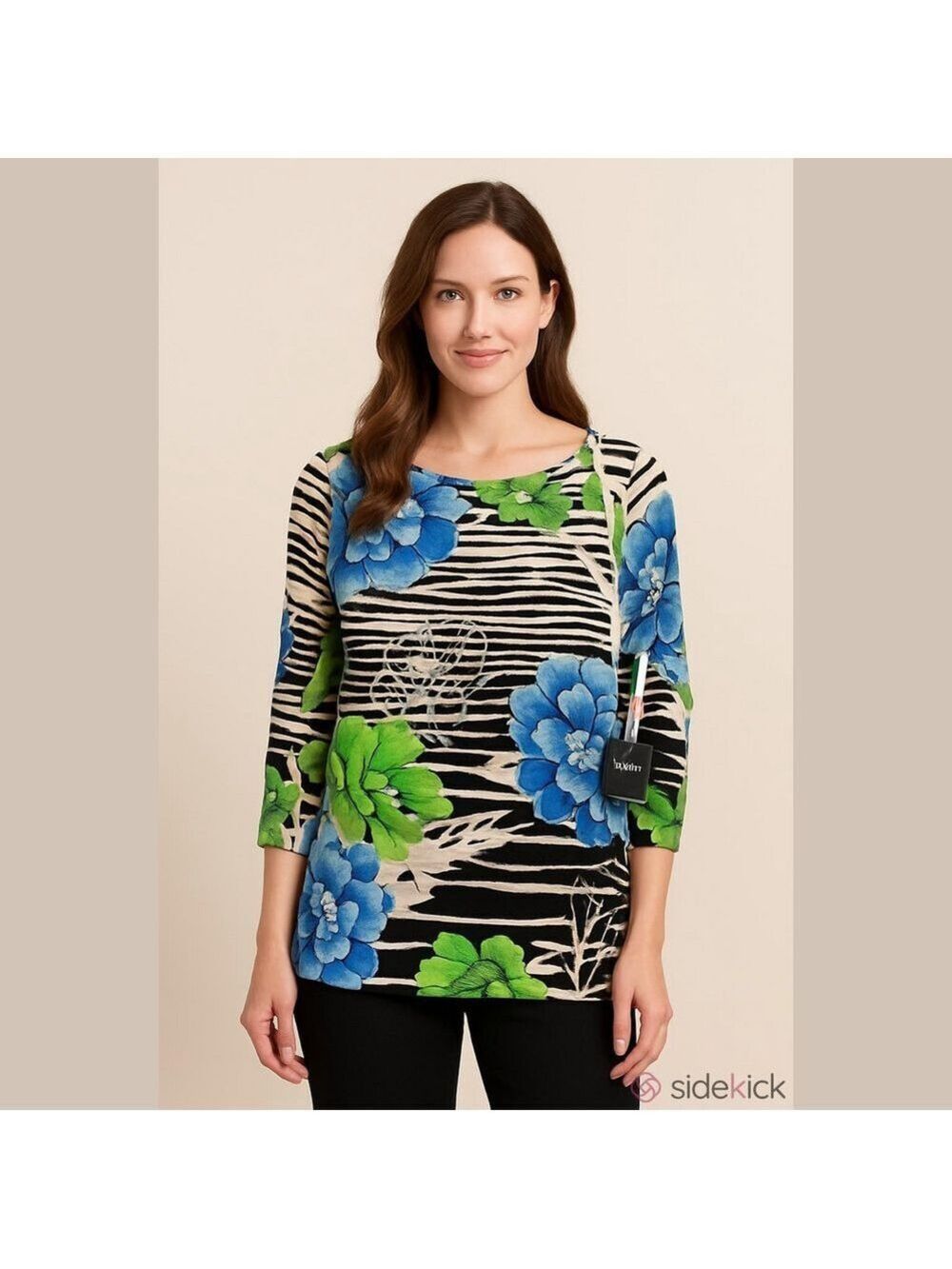 Rafaella Black & White Striped Long-Sleeve Top with Blue and Green Floral Print